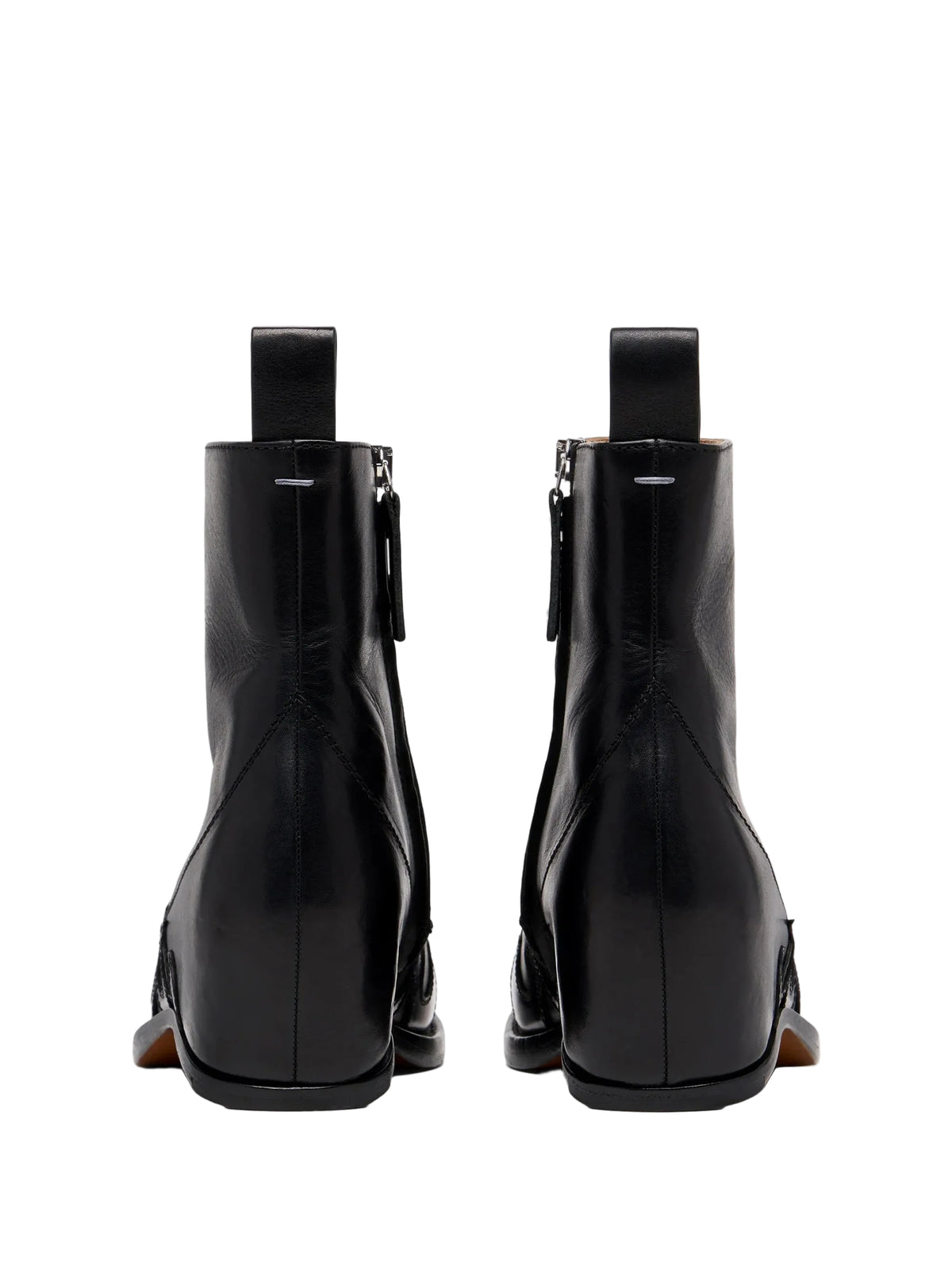 Back view of Maison Margiela Heel-Less Western Flame Boot pair showing pull tabs and signature single white stitch