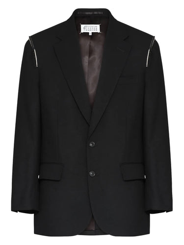 Maison Margiela Black Blazer, front view, single-breasted design with button fastening, crafted from virgin wool.
