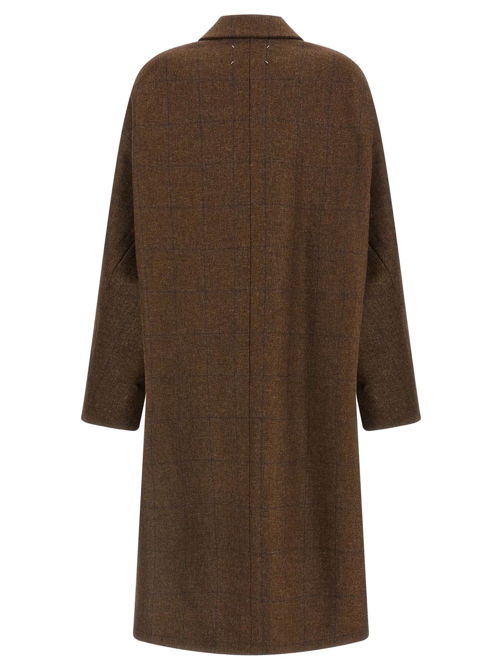 Back view of the Maison Margiela Oversized Cocooning Coat in Brown, showing the cocoon silhouette, central back seam and signature four white stitches.