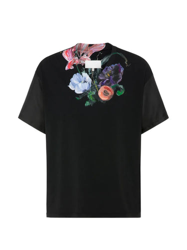 Maison Margiela Painted Floral T-Shirt in black, front view, oversized boxy fit with old master floral print at neckline
