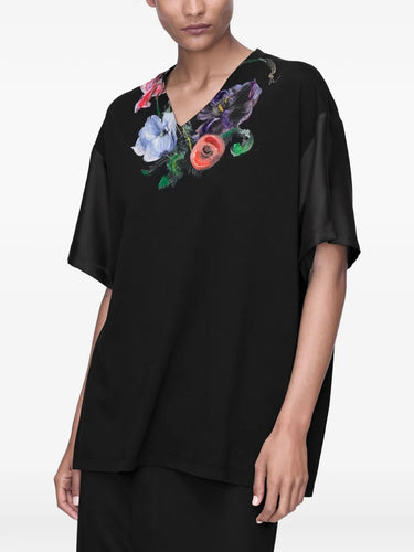 Maison Margiela Painted Floral T-Shirt in black, close-up model view, painted floral bouquet detail at V-neckline