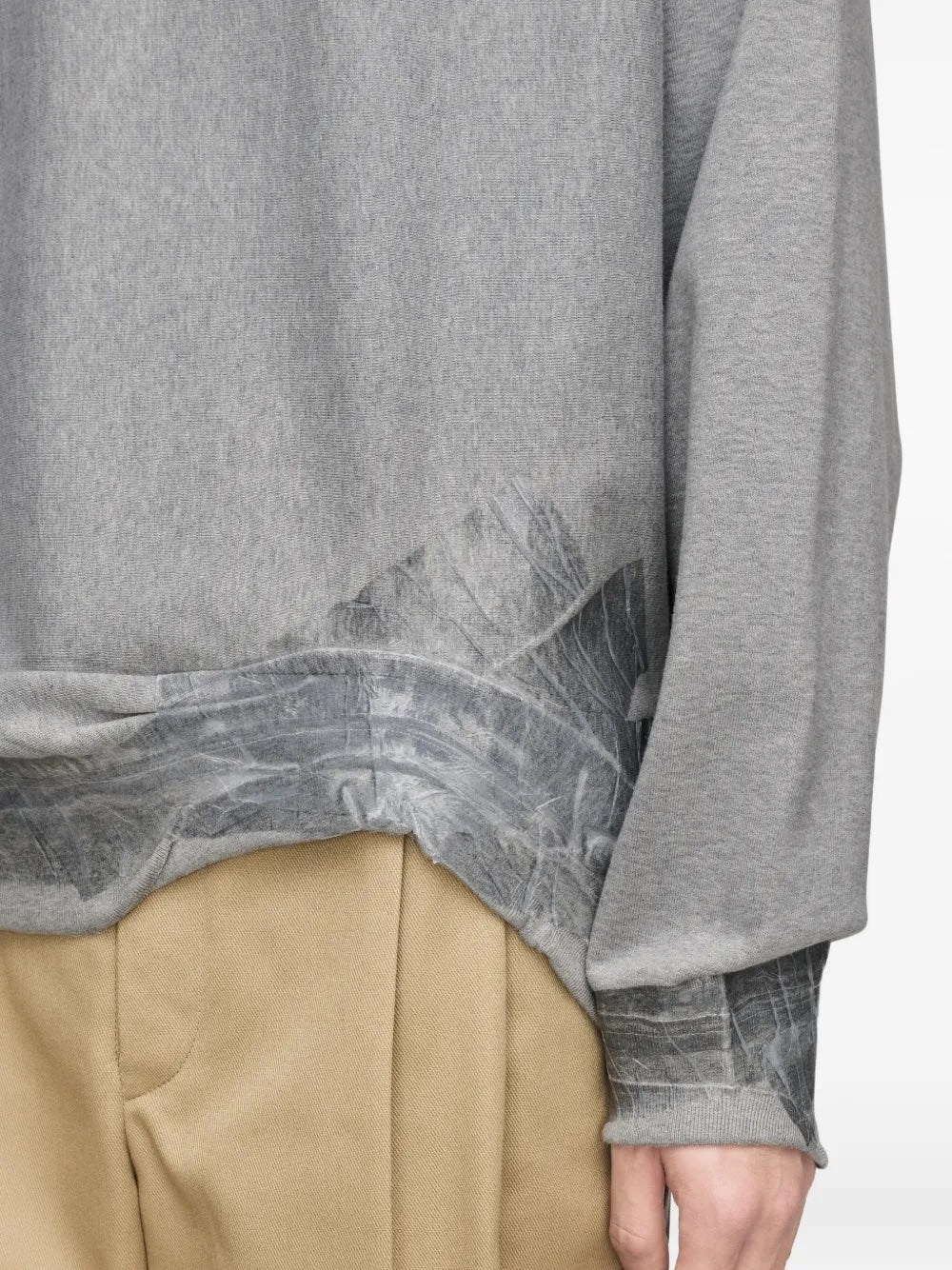 Maison Margiela Sweatshirt in grey melange, close-up of deconstructed crinkled fabric layer at hem and cuff