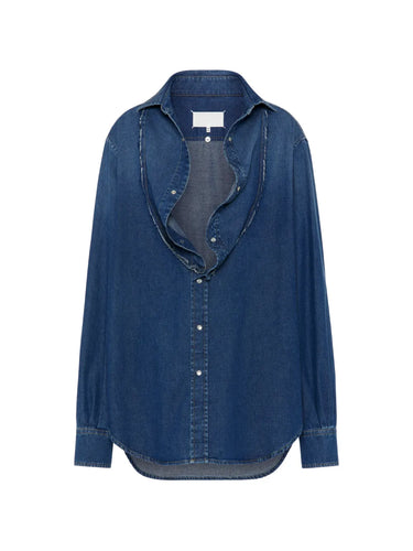 Maison Margiela V-Neck Long-Sleeved Shirt in medium blue - front view, deconstructed dual neckline with raw-edged V-cut and snap button fastening
