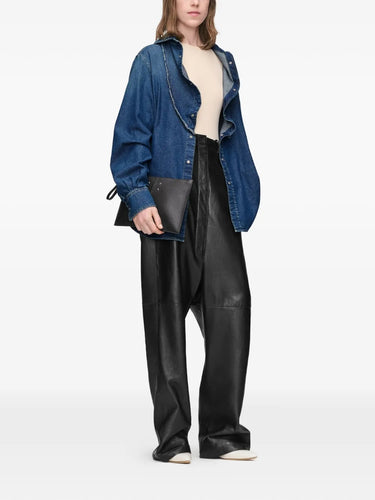 Maison Margiela V-Neck Long-Sleeved Shirt in medium blue - full length model view, oversized relaxed fit worn open over cream top