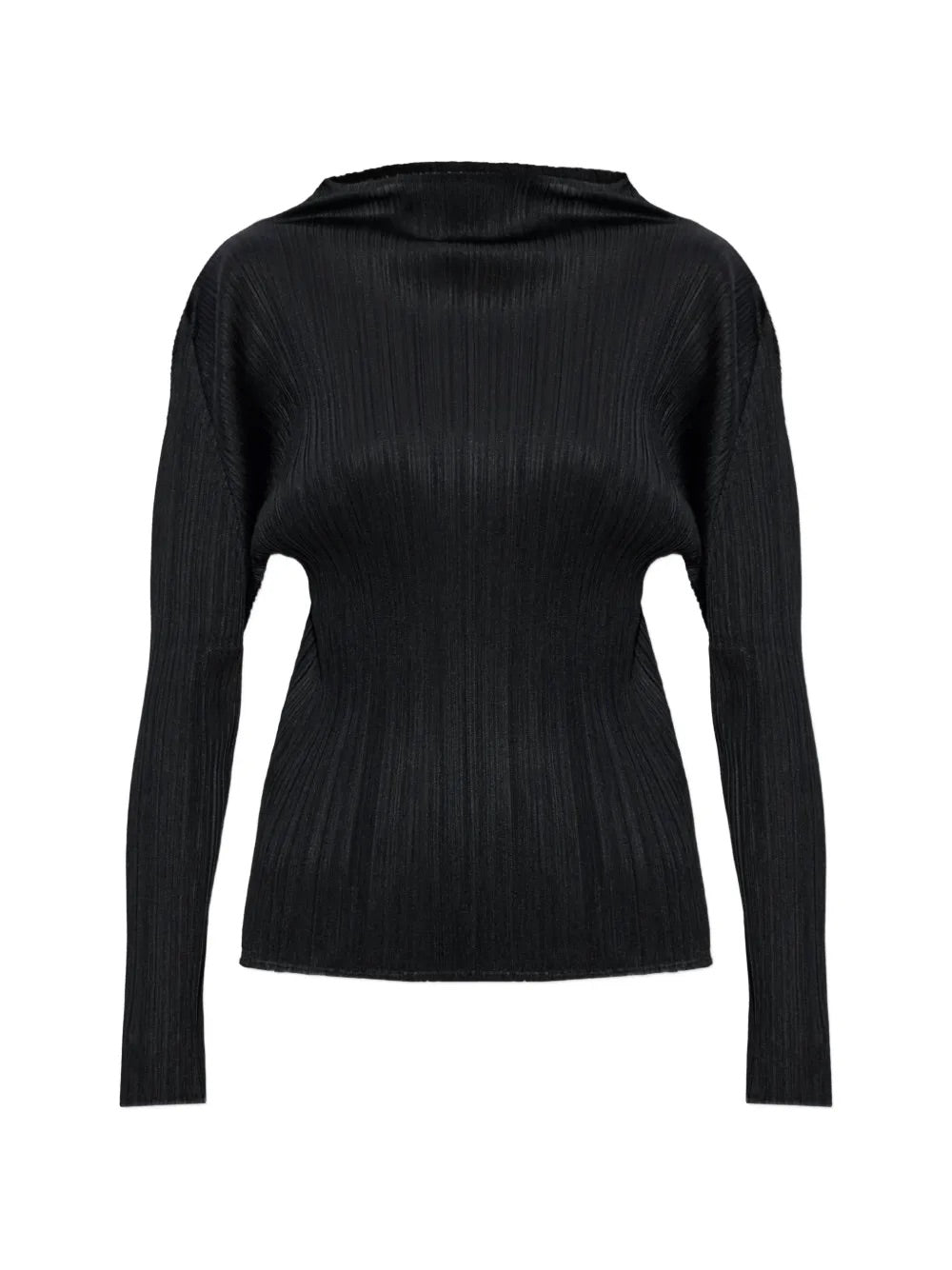Pleats Please Issey Miyake Mock Neck Long Sleeve Shirt Black - front view showing pleated texture, mock neck and slim fit silhouette