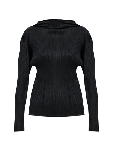Pleats Please Issey Miyake Mock Neck Long Sleeve Shirt Black - front view showing pleated texture, mock neck and slim fit silhouette