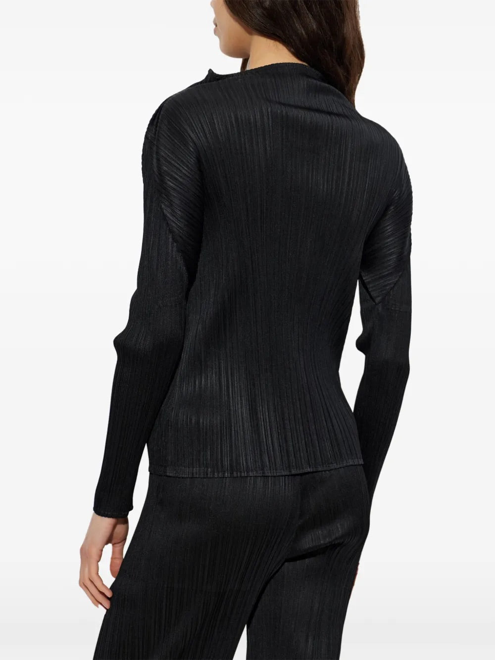 Pleats Please Issey Miyake Mock Neck Long Sleeve Shirt Black - back view showing pleated construction and fitted shape