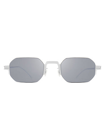 Mykita Studio 15.1 sunglasses in Frozen Silver/Shiny Silver Brown - product shot showing silver frame with brown flash lenses