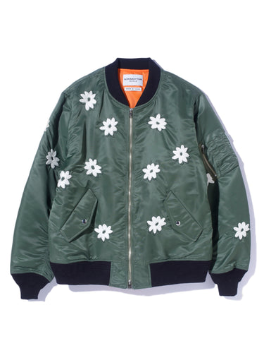 Flower Embroidery Flight Jacket - Olive & White-[-NÒMARYTHM TEXTILE-1