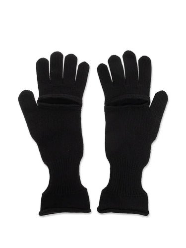 Front packshot of the Issey Miyake AW25 Breeze Knit Gloves in black, showing the ribbed knit texture and sleek, fitted silhouette.