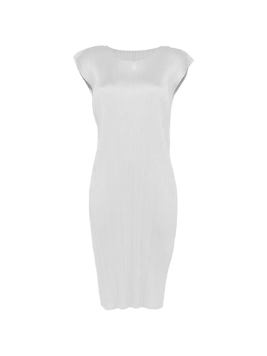 Light grey, short sleeves, pleated dress from Pleats Please Issey Miyake on a white background