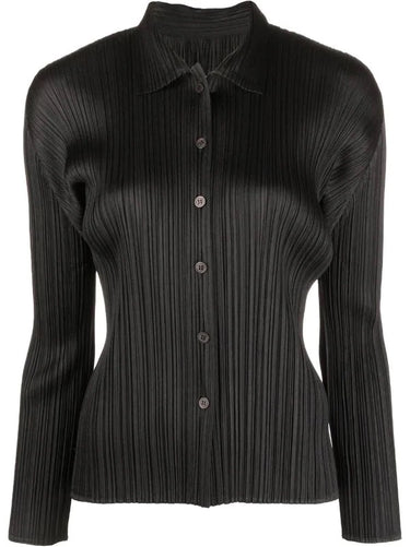 Black, pleated, button-up top with long sleeves from Pleats Please Issey Miyake on a white background
