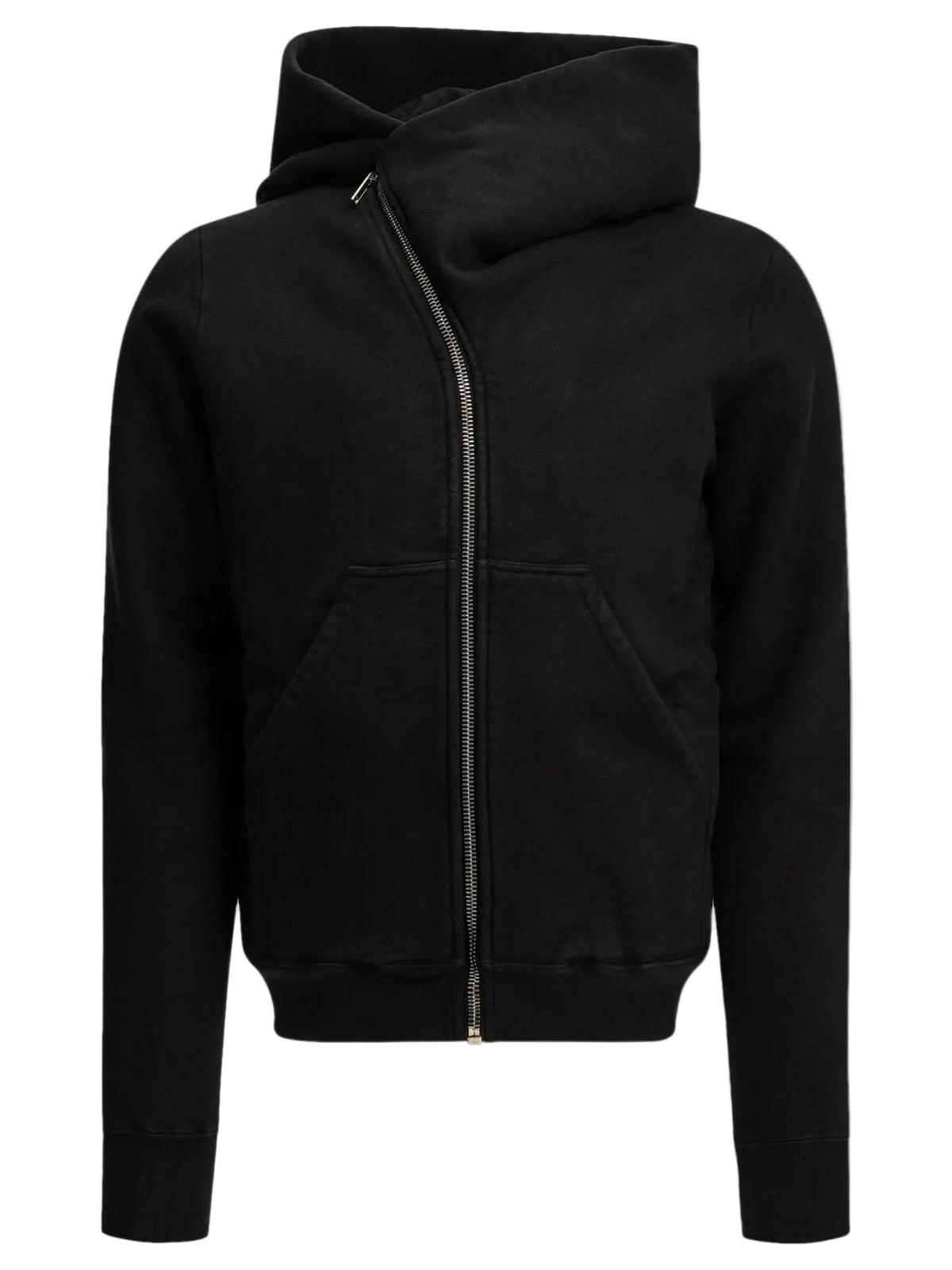 Rick Owens DRKSHDW Mountain Hoodie in Black, front product view showing the asymmetric silver-tone zip, oversized pointed hood and front patch pockets.