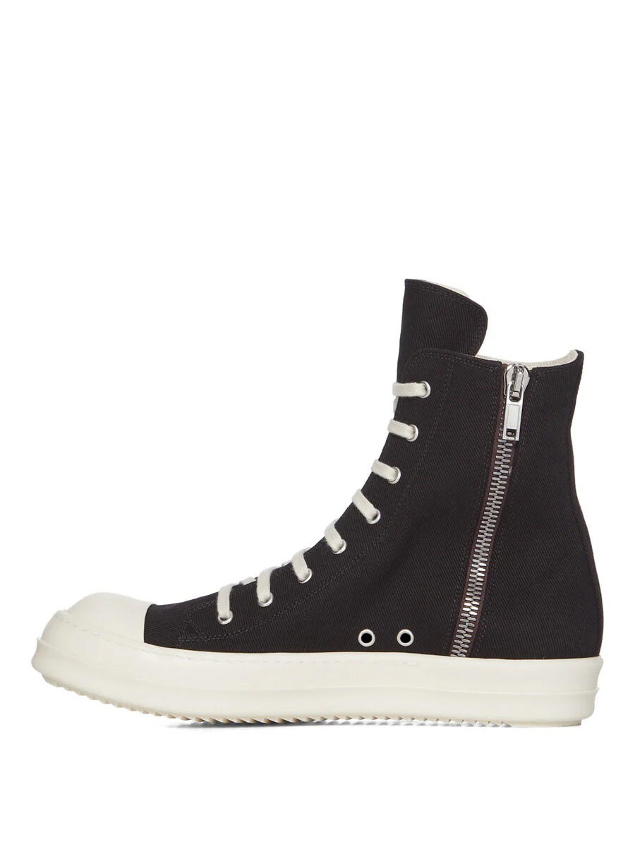 Side view of Rick Owens DRKSHDW AW26 Sneaks in black canvas showing silver-tone zip fastening, milk white sole and high-top silhouette