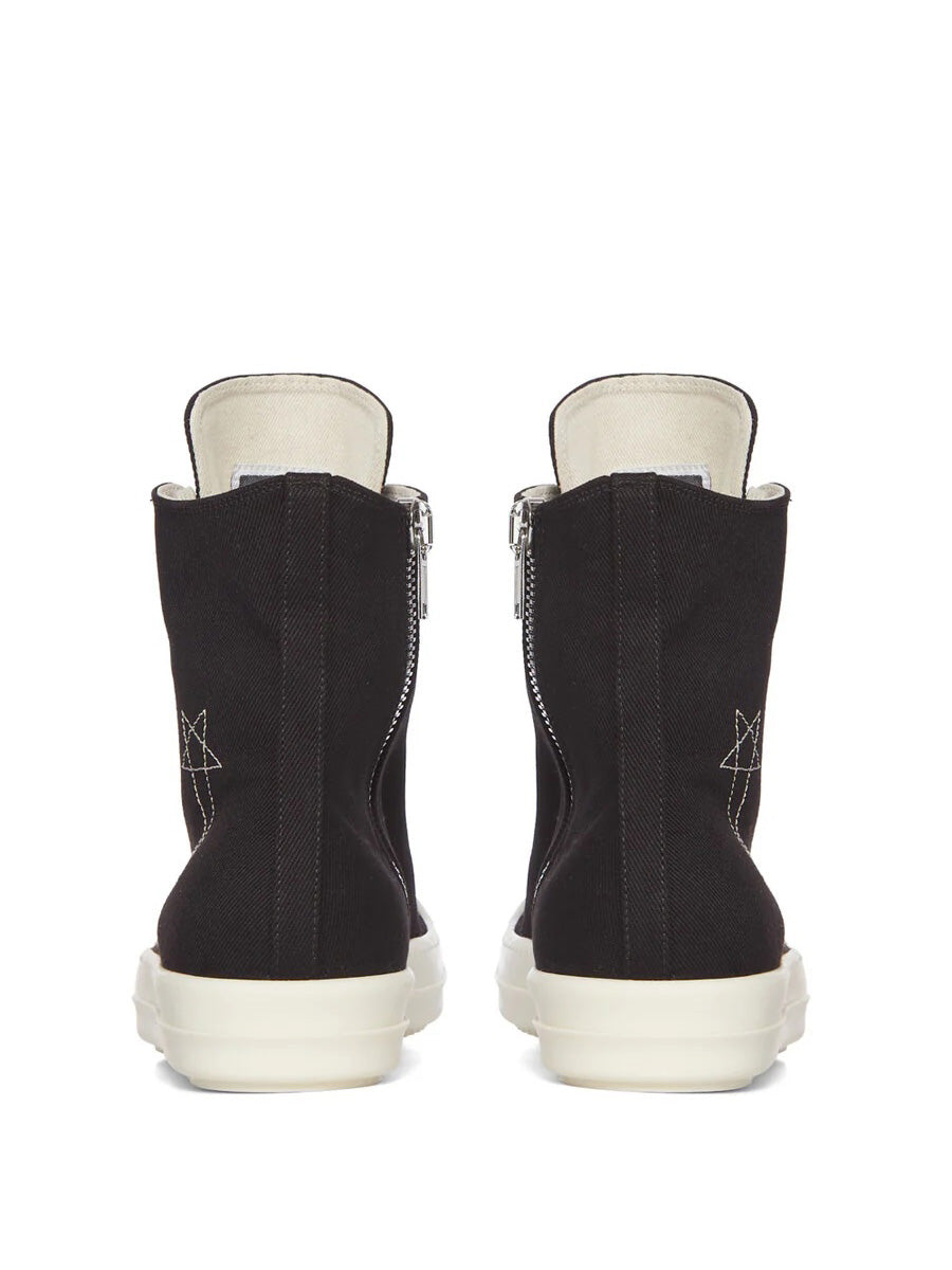 Back view of Rick Owens DRKSHDW AW26 Sneaks in black canvas with milk white lining, side zips and star embroidery detail