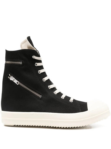 Black high-top sneakers with zipper details from Rick Owens on a white background