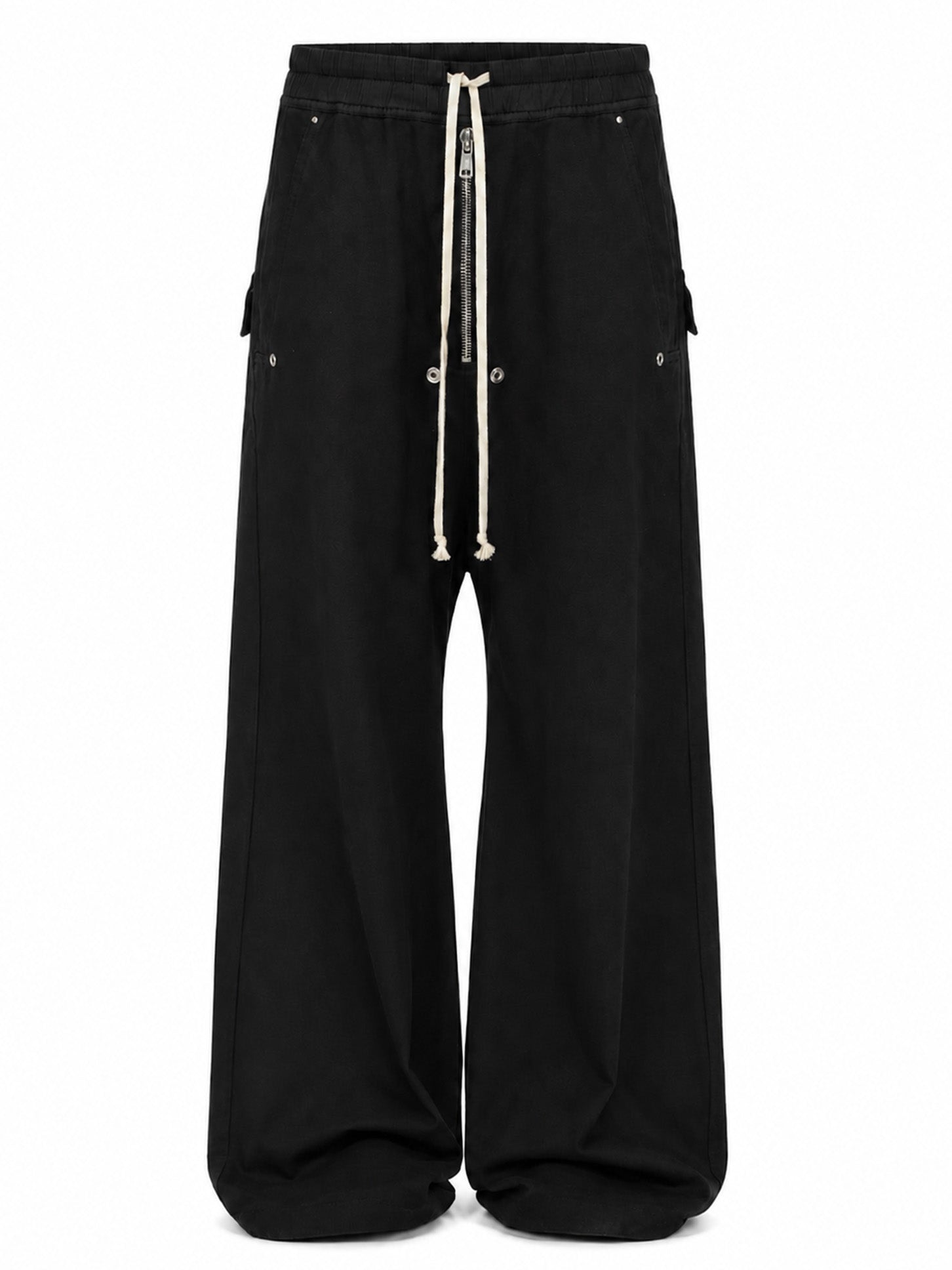 Rick Owens DRKSHDW Geth Belas in black with a low-crotch silhouette, wide full-length legs, elasticated waistband, cream drawstring and exposed Bela centre zipper.