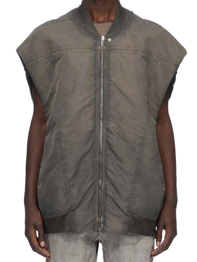 Rick Owens DRKSHDW Jumbo SL Flight Vest in Dark Dust worn on a model, showing the oversized fit, full front zip and extended arm openings.