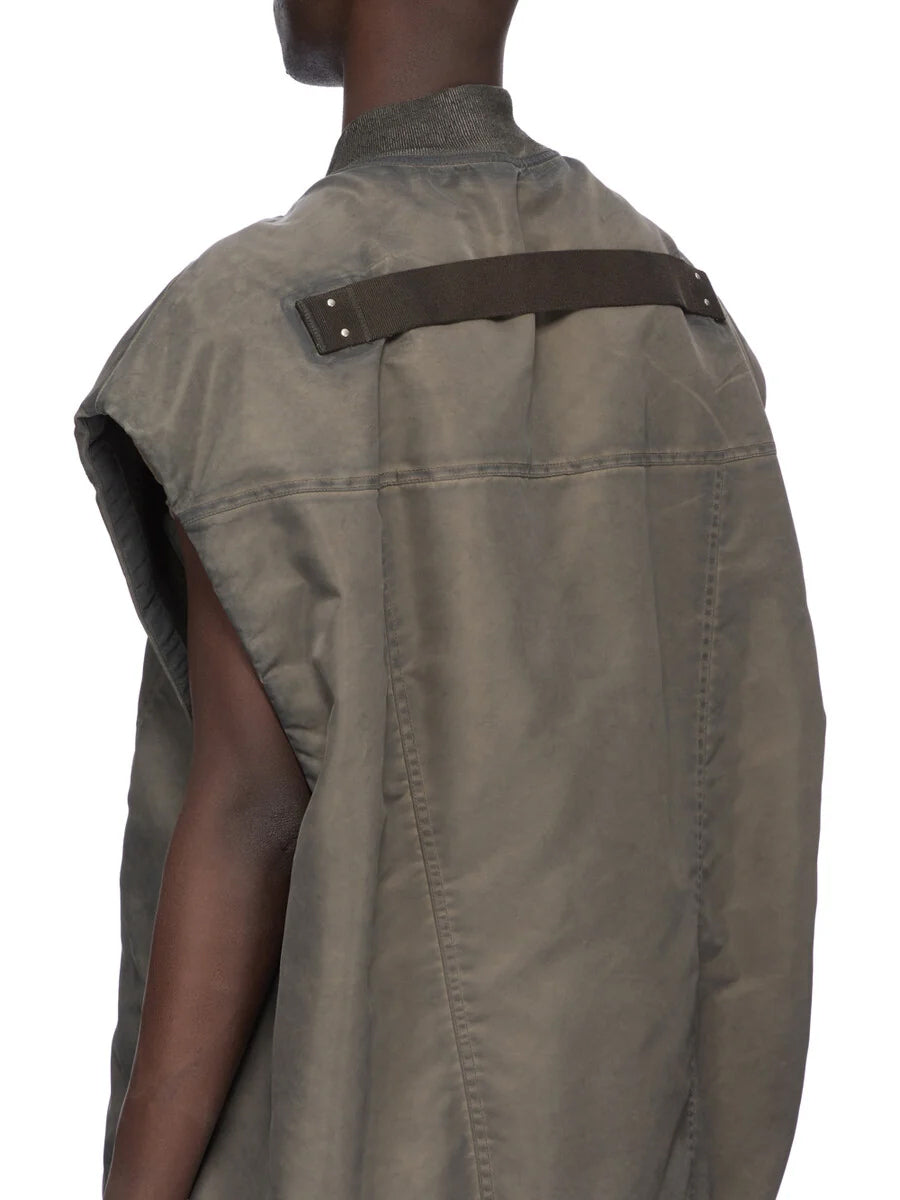 Back detail of the Rick Owens DRKSHDW Jumbo SL Flight Vest in Dark Dust showing the horizontal webbing strap and panelled construction.
