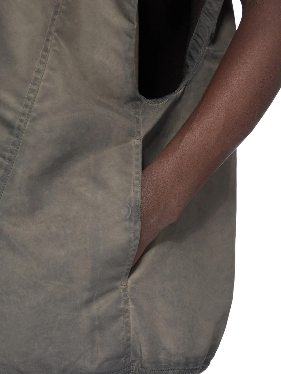 Detail of the Rick Owens DRKSHDW Jumbo SL Flight Vest in Dark Dust showing the large side welt pocket and washed fabric finish.