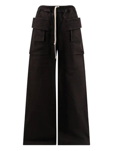 Black wide-leg pants with multiple pockets on a white background