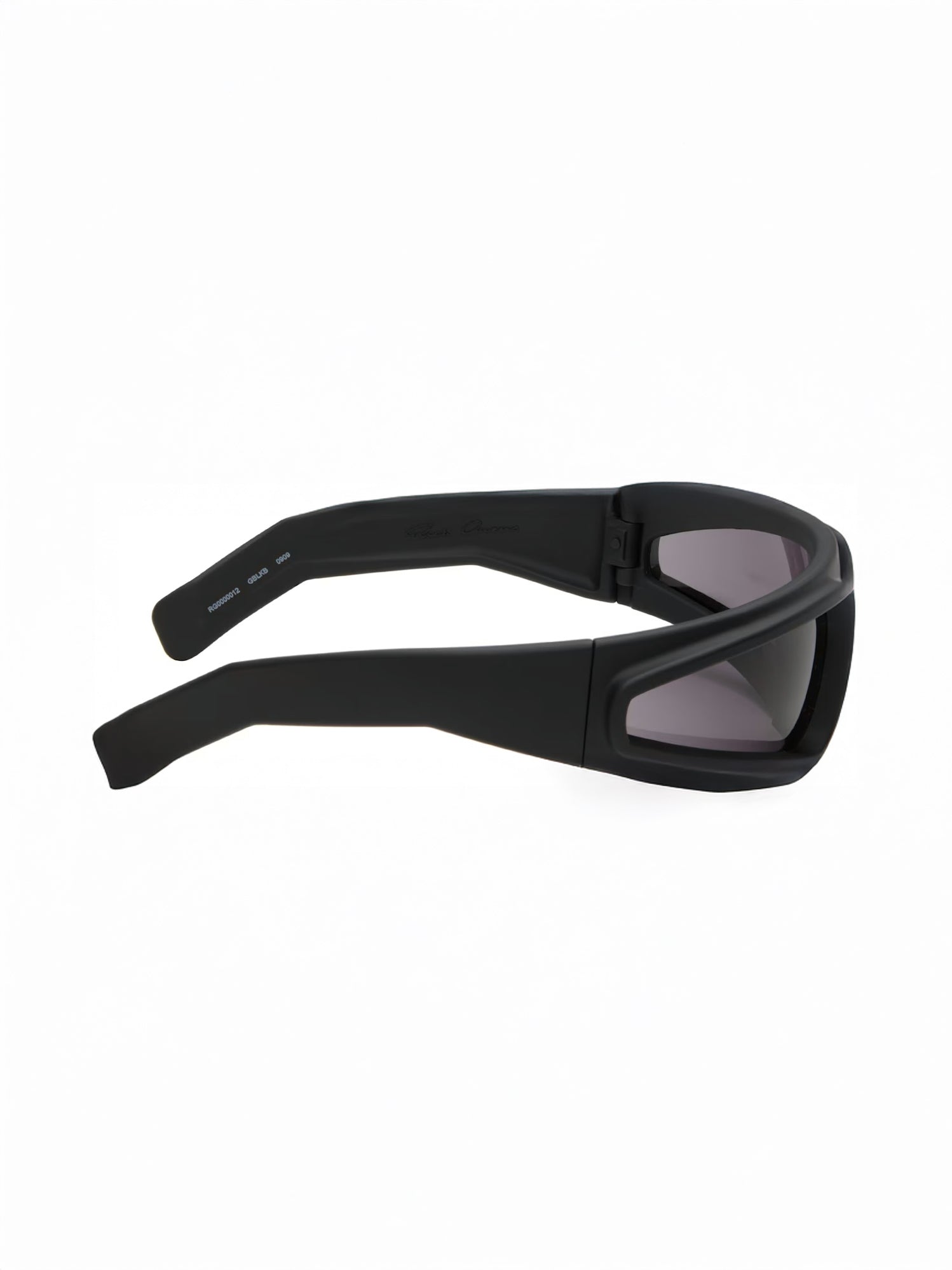 Rick Owens DRKSHDW Ryder Sunglasses in black shown from the opposite side with curved arms, dark lenses and integrated nose pads.