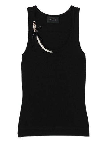 Black tank top with decorative bow and pearls on a white background
