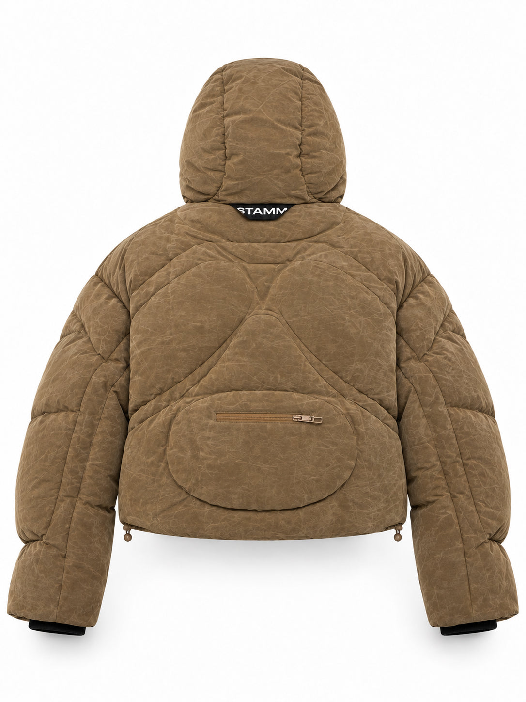 Stamm Exchange Anyone Puffer in Brown, back view showing sculptural padded panels, rear zip pocket and logo detail.