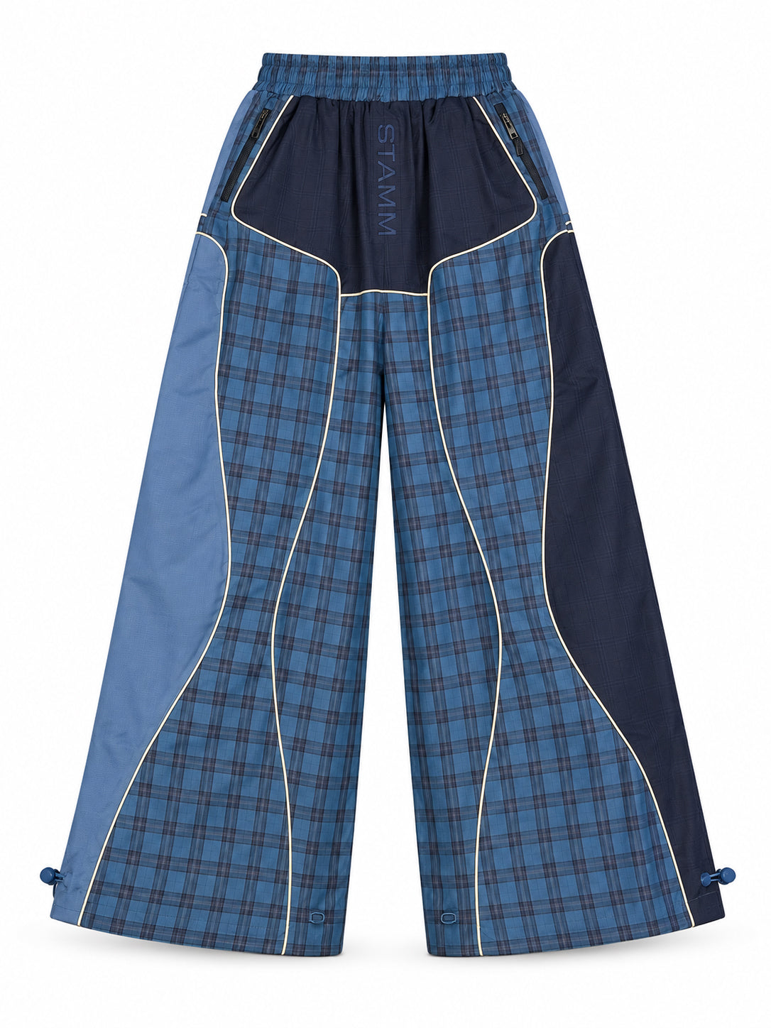 Stamm Exchange Center Check Pants in Blue Check, front view with wide legs, mixed plaid panels, contrast piping, zip pockets and elasticated waistband.