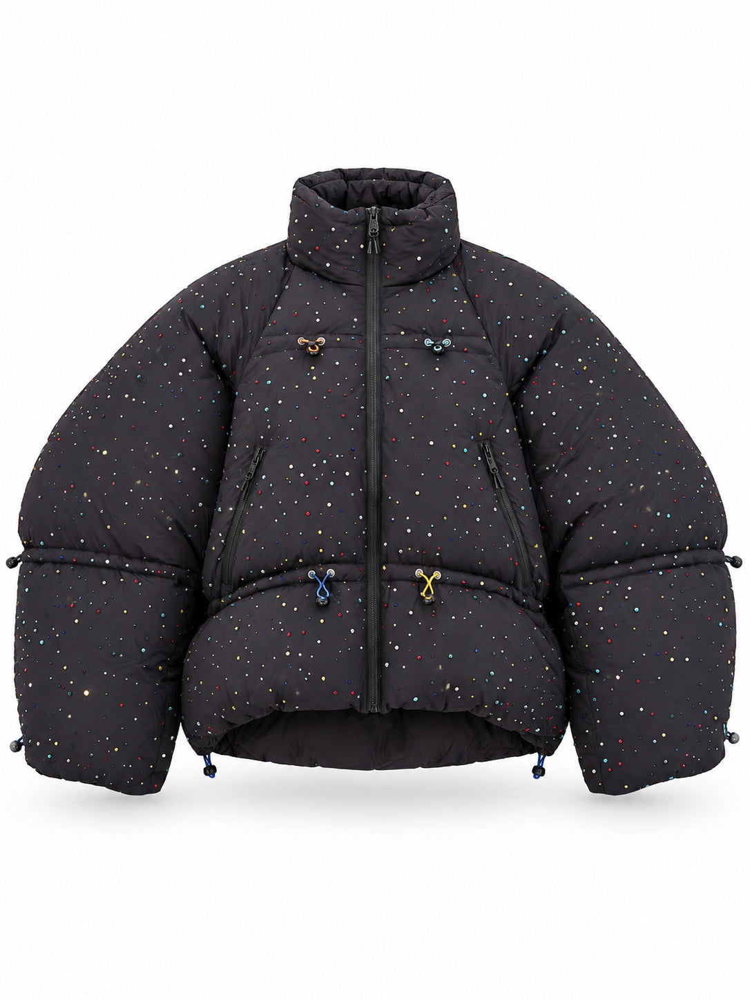 Stamm Exchange Shine Down Jacket in Black, front view with multicolour crystal embellishments, padded high collar and oversized sleeves.