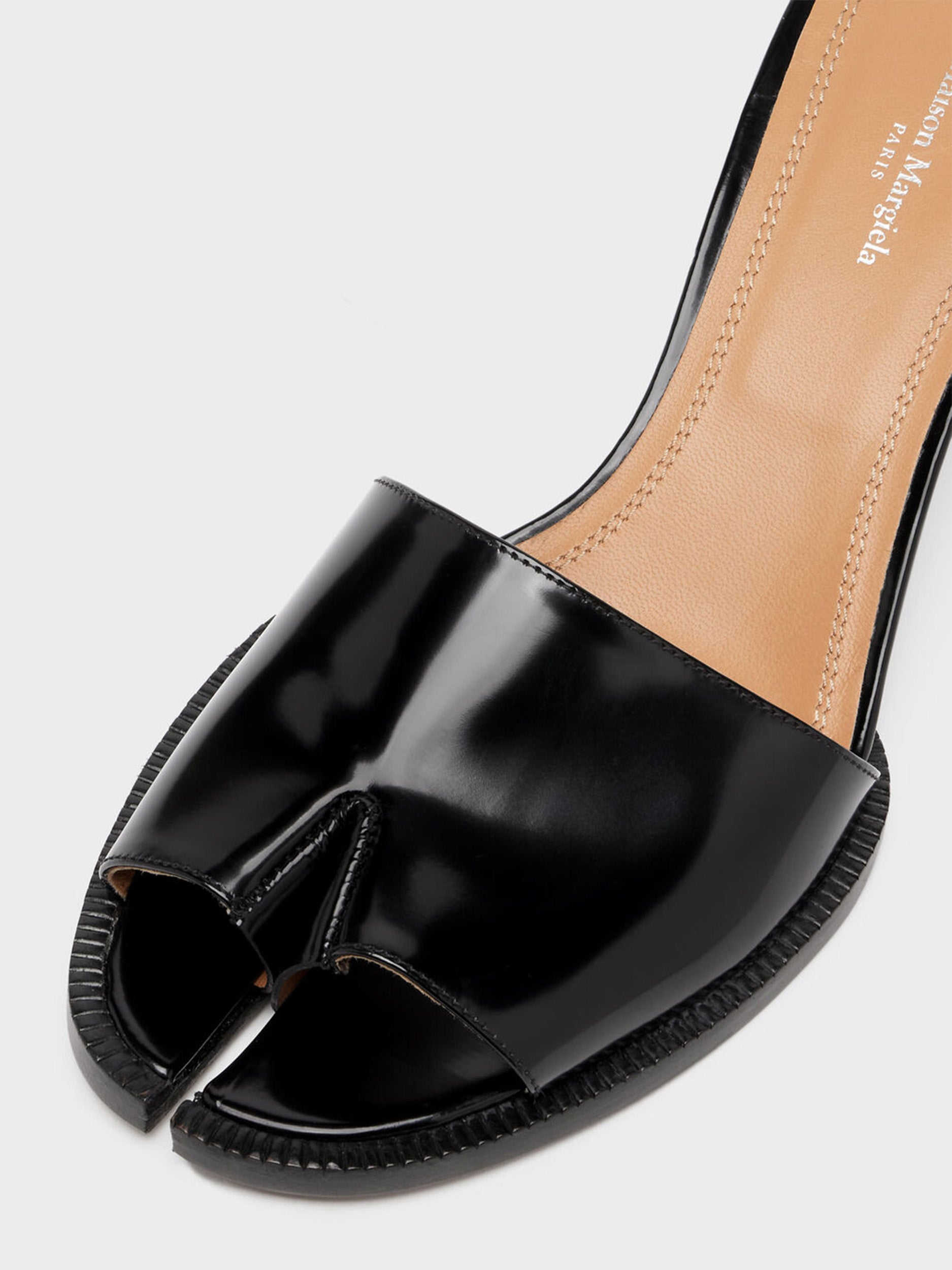 Maison Margiela Tabi City Kitten Heel Sandal in Black close-up of Tabi split toe