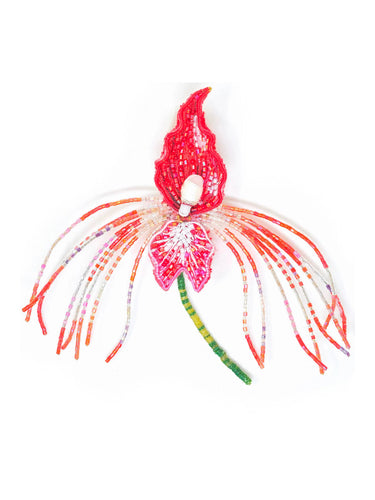 Decorative brooch, orchid design with beads and sequins, handmade in India