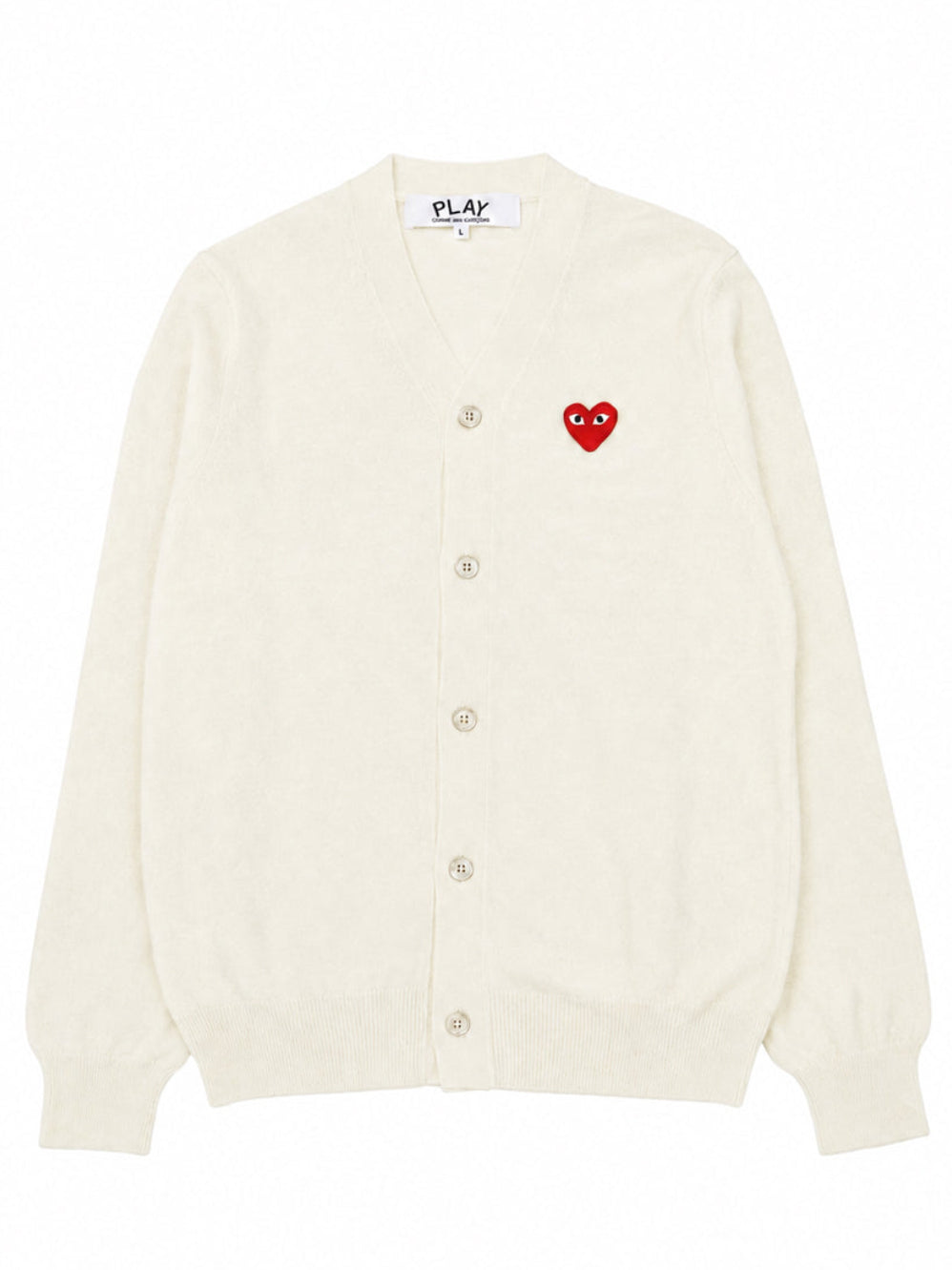 COMME des GARÇONS PLAY Unisex V-Neck Cardigan in Off White wool with red heart embroidery, front button closure and ribbed trims