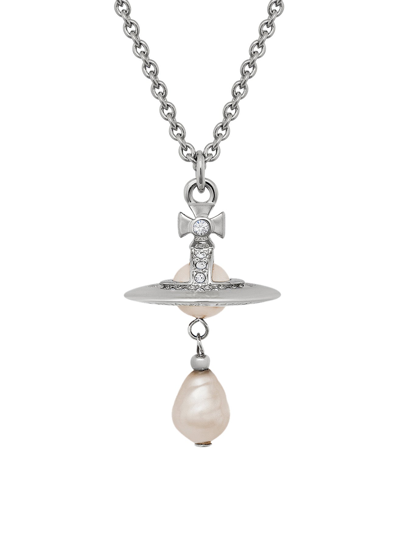 A silver-tone chain necklace from Vivienne Westwood featuring a pendant with a small clear stone cross, a flat circular disc, and a dangling baroque pearl, shown against a plain white background.