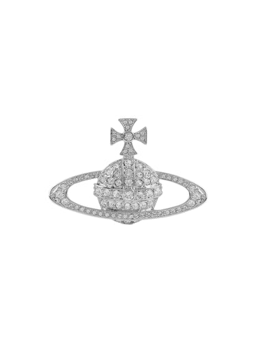 Vivienne Westwood Bas Relief Brooch in platinum, silver-tone orb motif with intricate pavé setting and stud fastening.