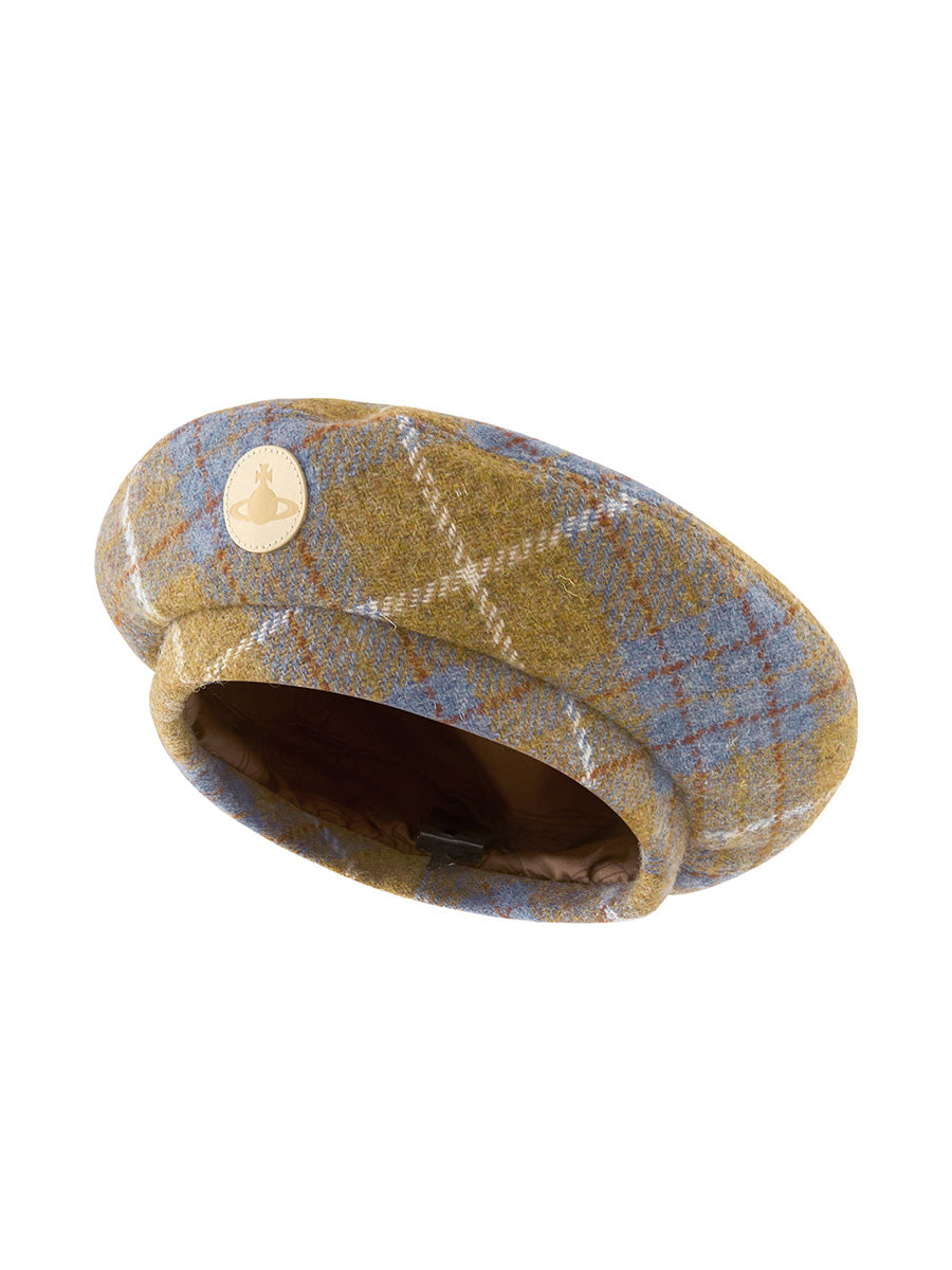 Vivienne Westwood Beret Harris Tweed in Multi with tartan wool and leather orb patch