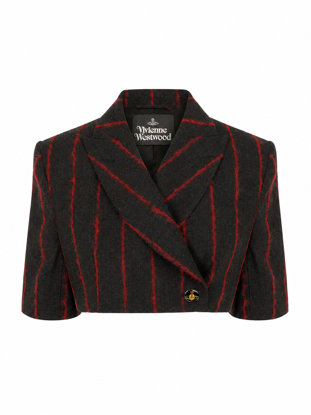 Vivienne Westwood Cut Off One Button Jacket in charcoal grey wool blend with red stripes, cropped silhouette, peaked lapels and gold-tone orb button