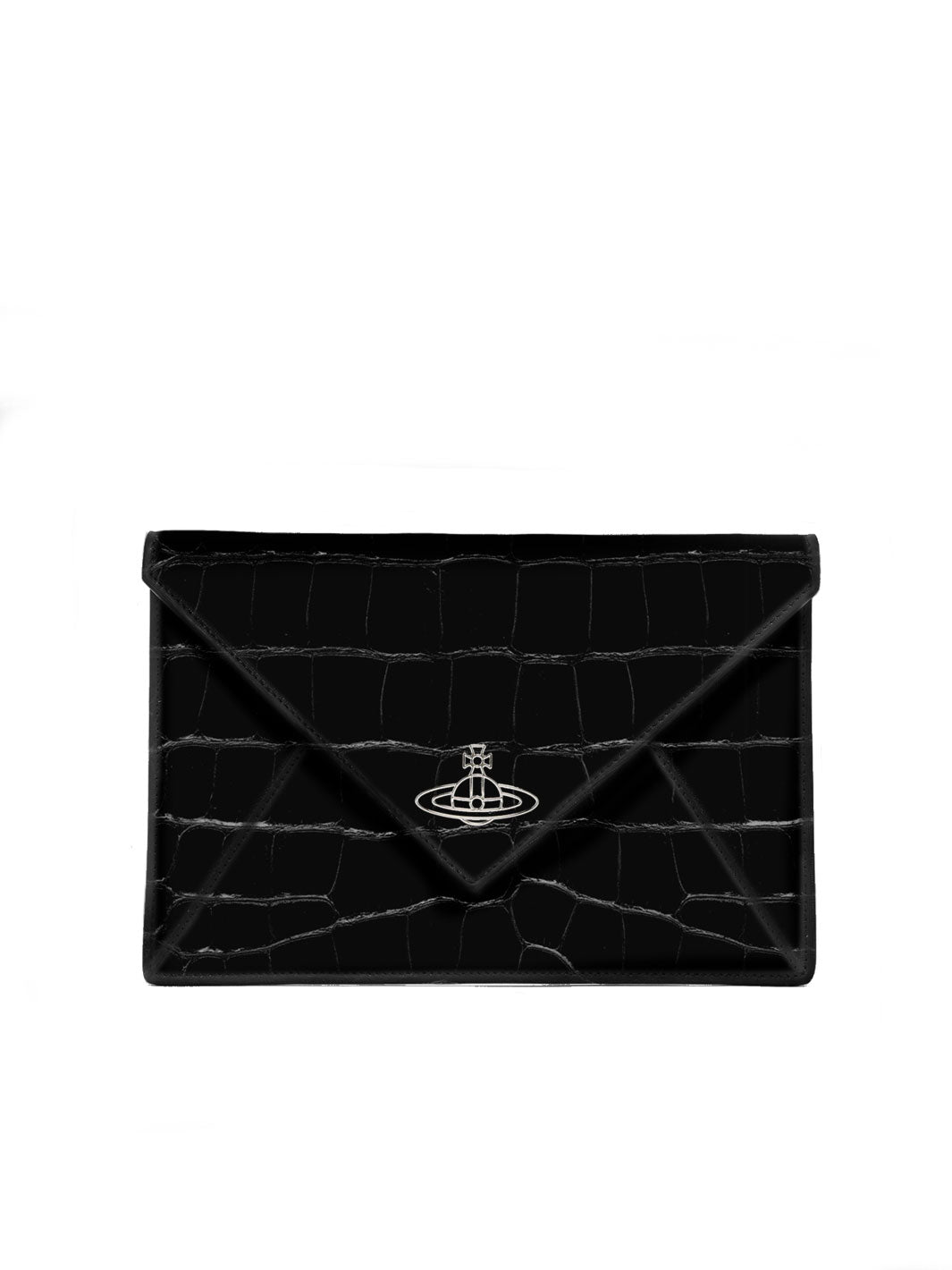Vivienne Westwood Envelope Clutch in black with crocodile-effect finish, pointed flap and silver-tone Orb emblem.