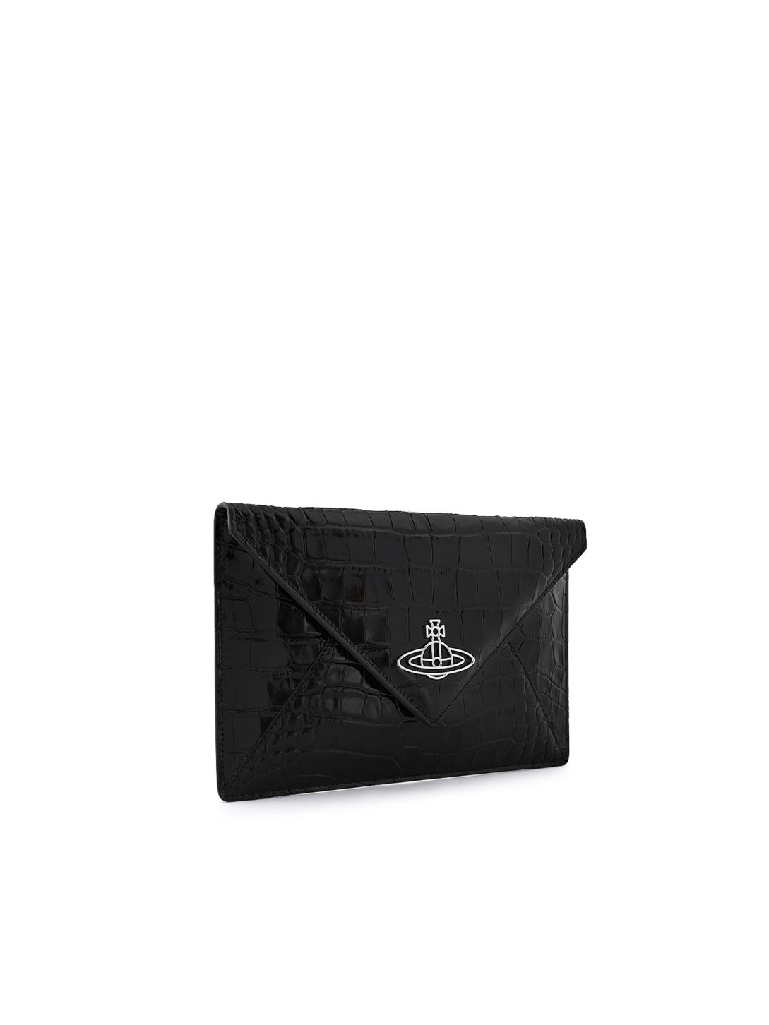 Angled view of Vivienne Westwood Envelope Clutch in black showing the structured envelope silhouette and Orb hardware.