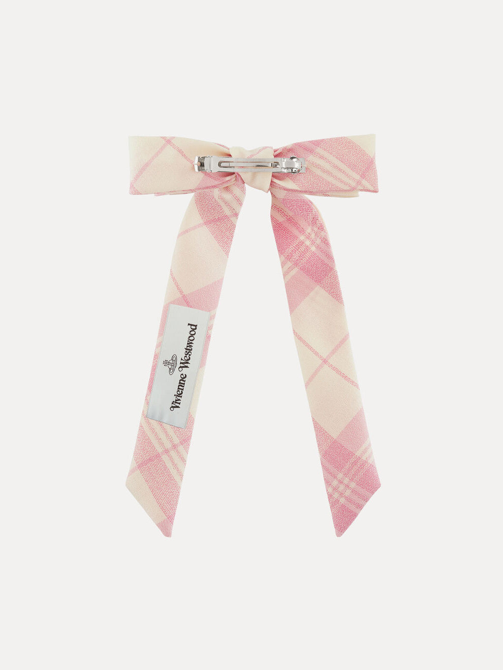 Vivienne Westwood oversized hair bow clip in ivory and pink check with long ribbon tails, multicoloured orb embroidery and back clip fastening