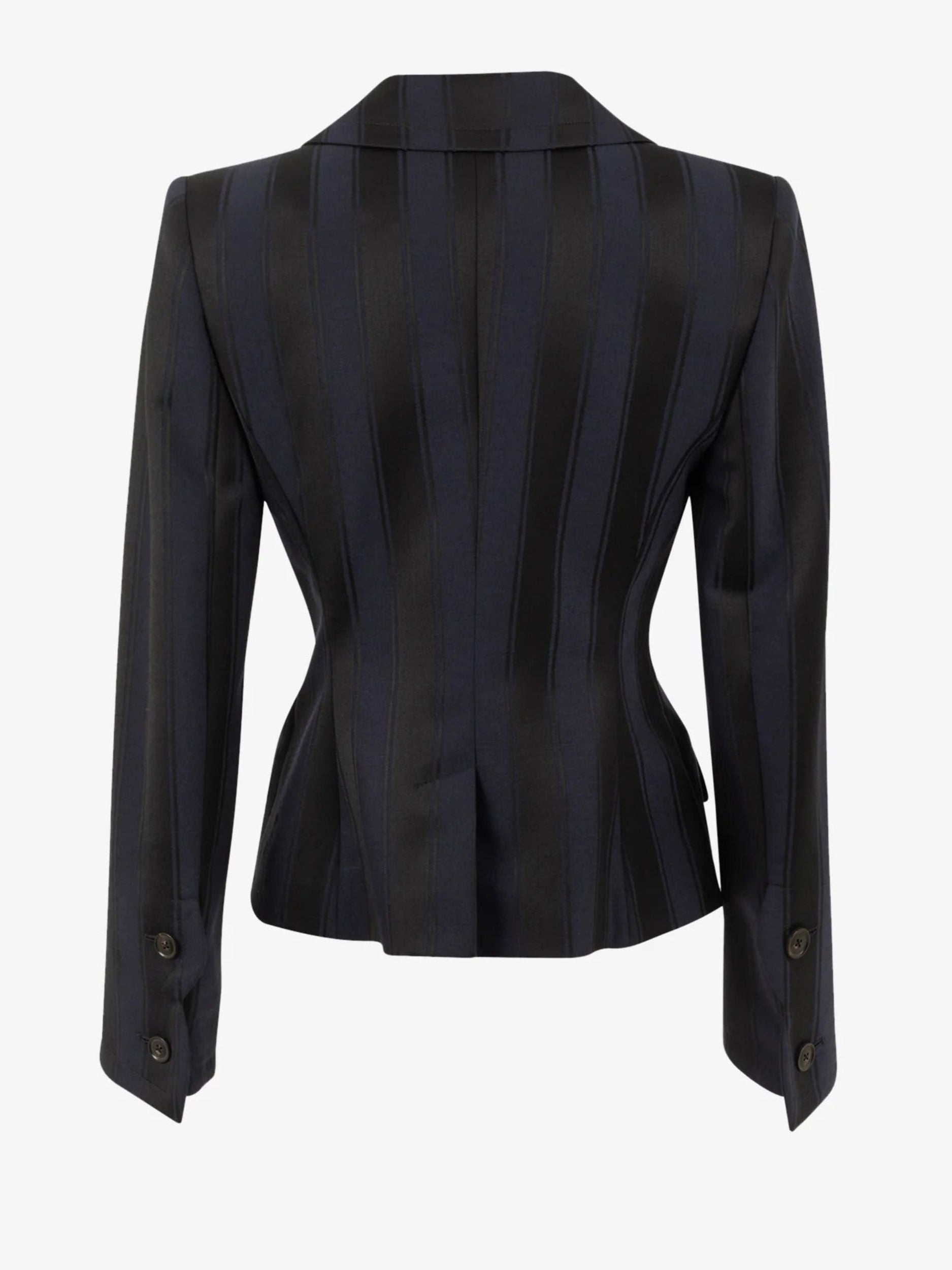Back view of the Vivienne Westwood Georgia Jacket in midnight blue and black, showing the fitted waist, peplum shape, long sleeves and tonal striped tailoring