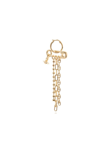 Ginetta Earring in Gold by Vivienne Westwood, single earring detail showing safety-pin bar, trio of mixed ball and chunky link chain drops and signature miniature Orb charm, gold-tone finish, Spring/Summer 2026