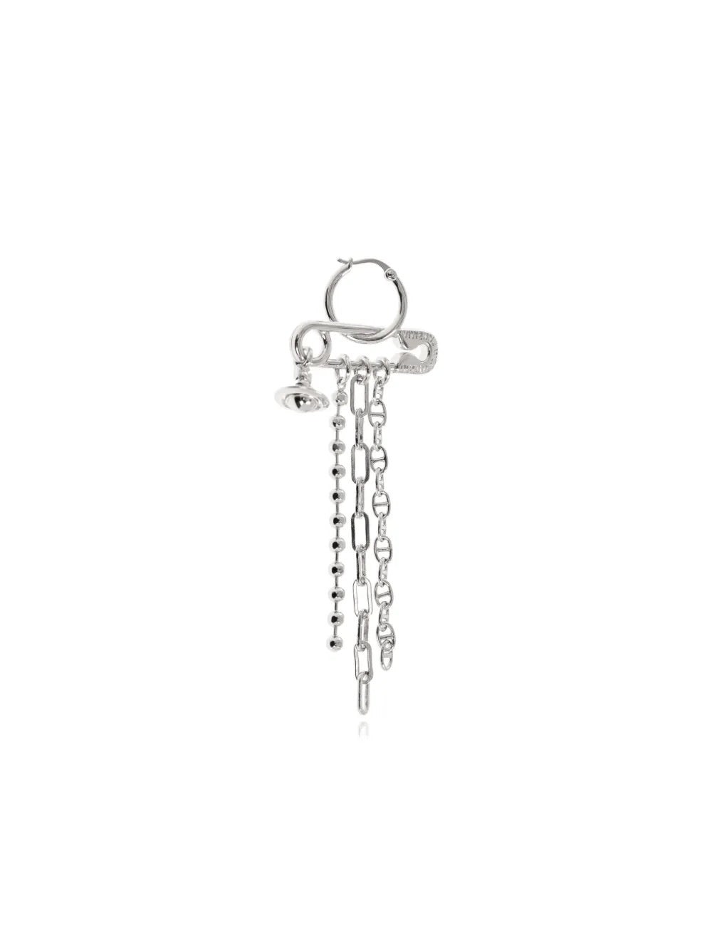 Ginetta Earring in Platinum by Vivienne Westwood, single earring detail showing engraved safety-pin bar, trio of mixed ball and chunky link chain drops and signature miniature Orb charm, silver-tone finish, Spring/Summer 2026