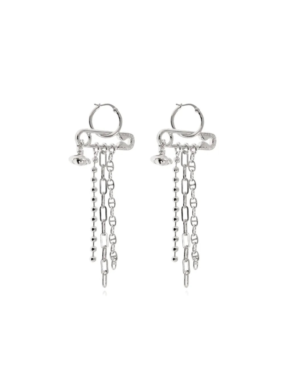 Ginetta Earrings in Platinum by Vivienne Westwood, pair of silver-tone drop earrings with engraved safety-pin bars, mixed link and ball chain drops and Orb charms, sold as a pair, Spring/Summer 2026