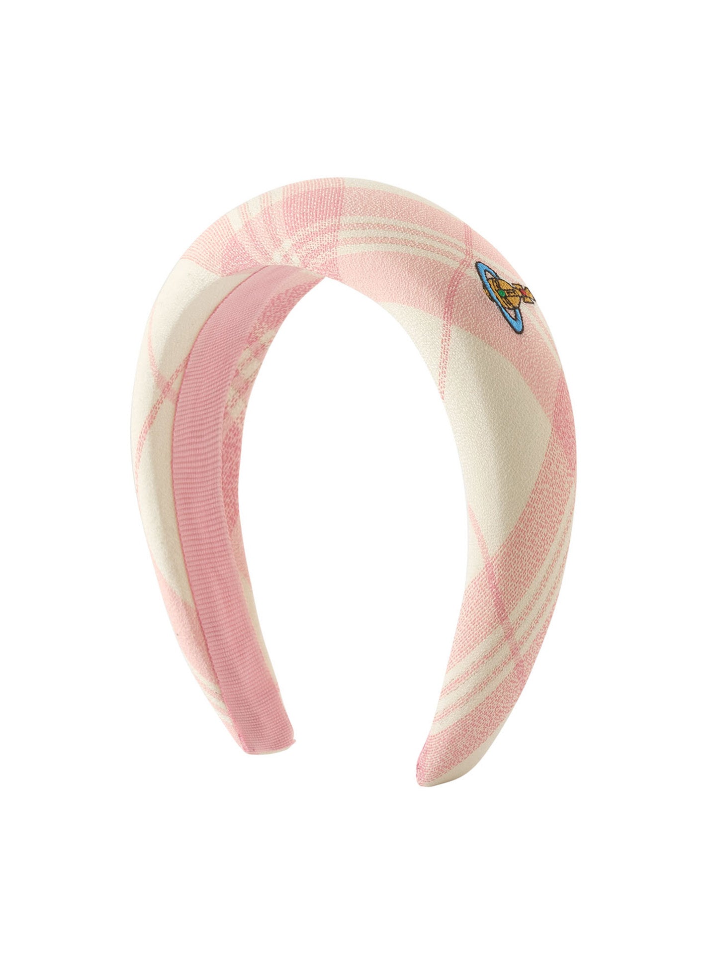 Vivienne Westwood Hairband Wide in ivory and pink Coquette check with padded wide silhouette and embroidered orb logo.