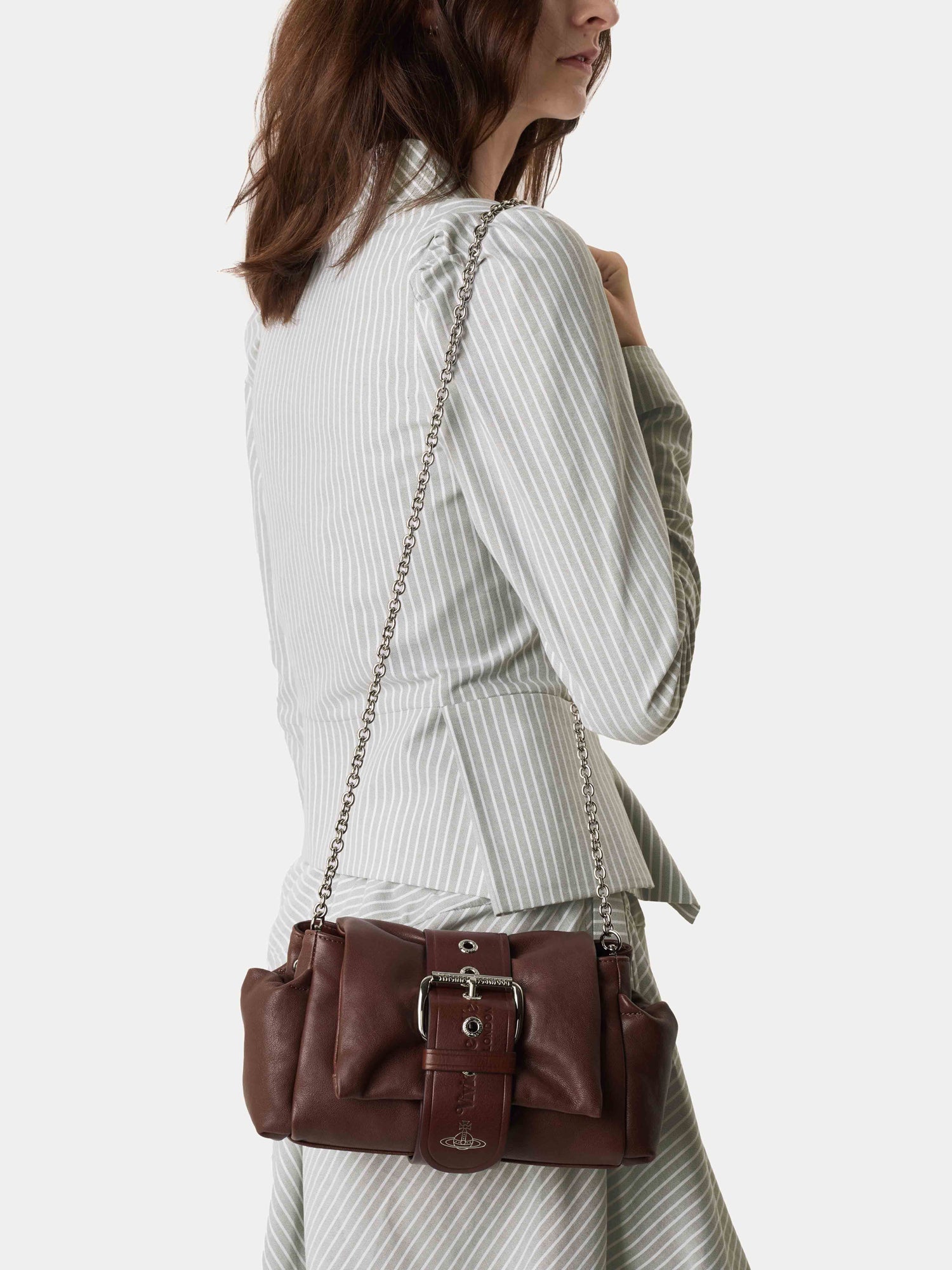 Vivienne Westwood Hazel Treasure Handbag in chestnut leather styled crossbody with silver chain strap and compact structured silhouette