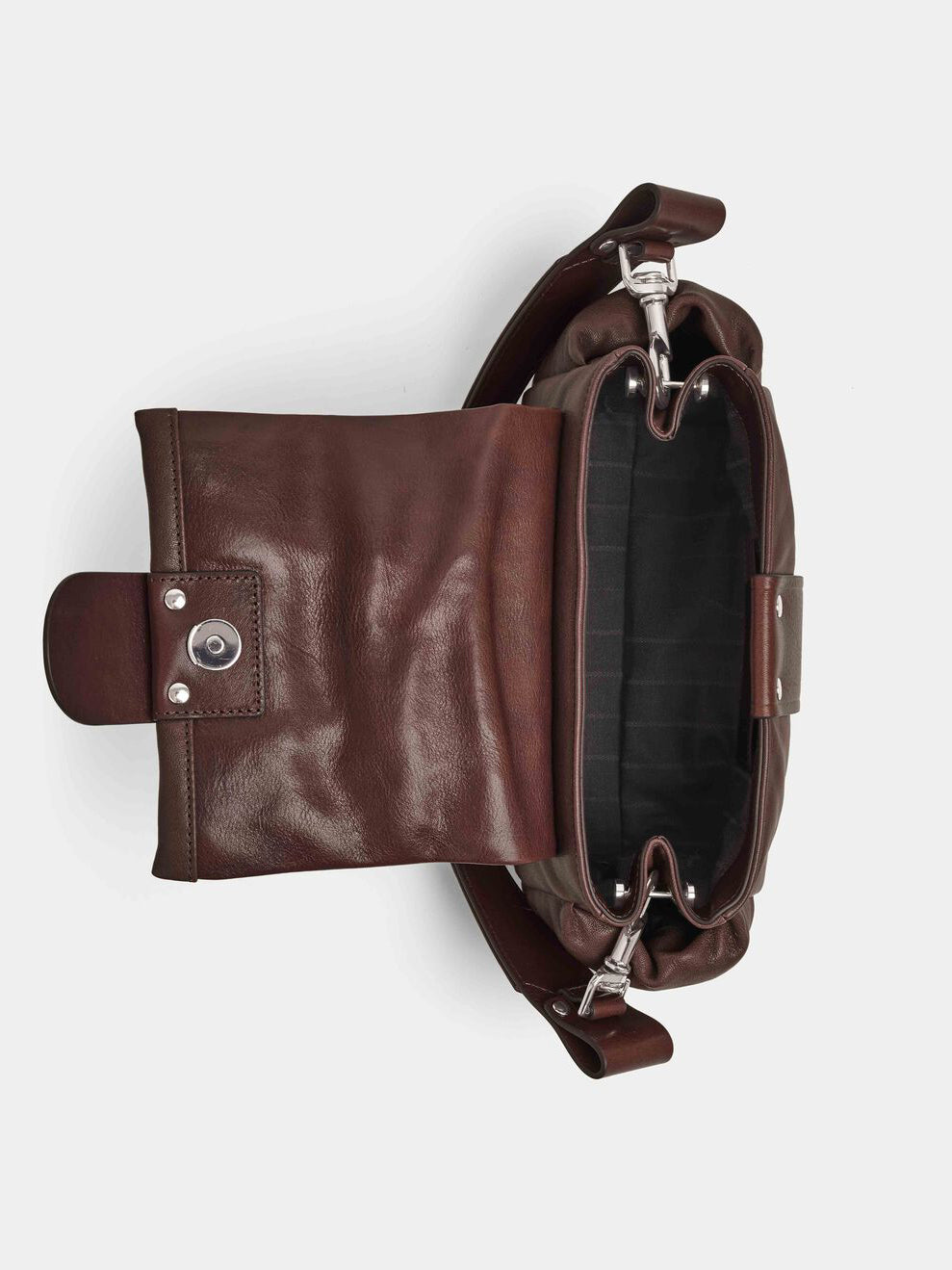 Side view of Vivienne Westwood Hazel Treasure Handbag in chestnut brown leather showing archival pocket detail, belt strap and chain hardware