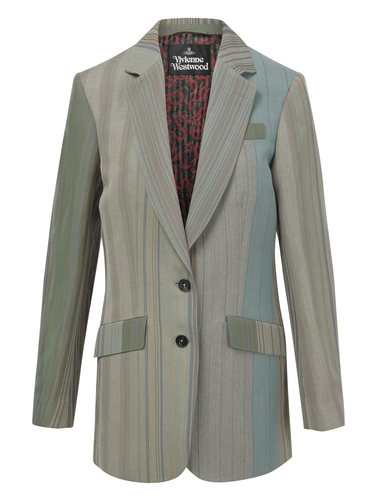 Front view of a grey blazer with subtle stripes and a bold lining from Vivienne Westwood on a white background