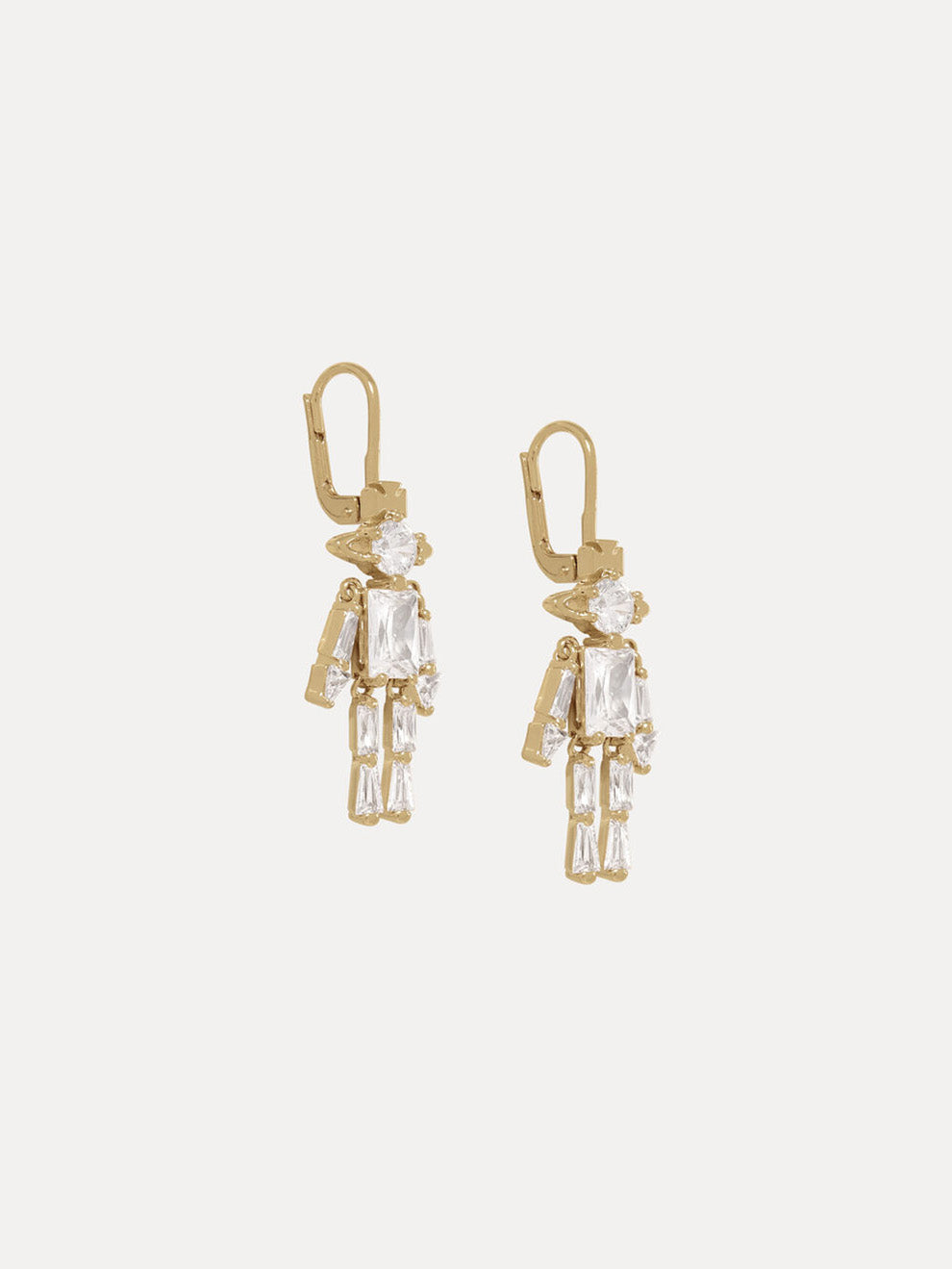 Vivienne Westwood Issa Earrings gold, both earrings shown in side profile, highlighting the articulated baguette crystal limbs, Orb head detail, and lever-back closure against gold-tone hardware