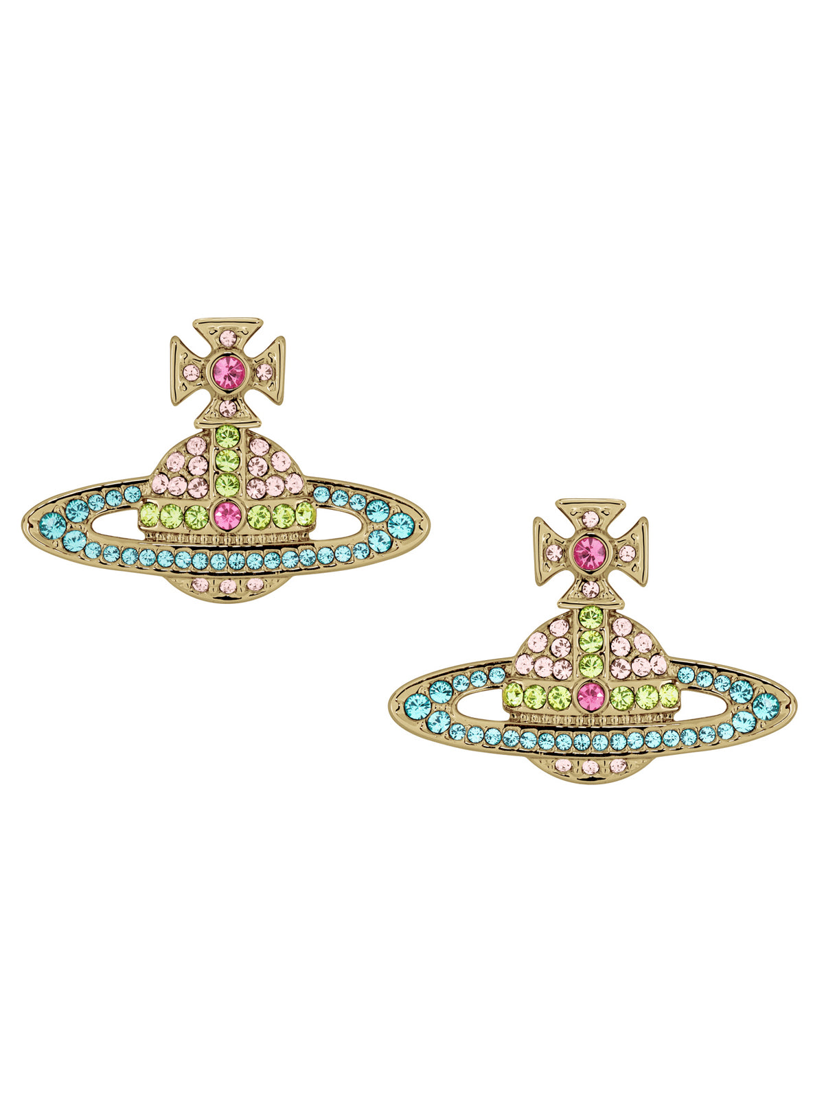 Vivienne Westwood Kika Earrings in Gold/Vintage Rose/Light Turquoise with crystal embellished signature Orb design.